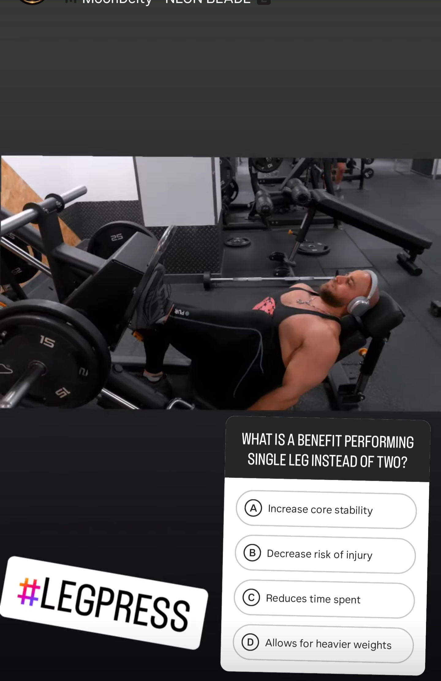 Instagram highlight sharing a leg day strength win